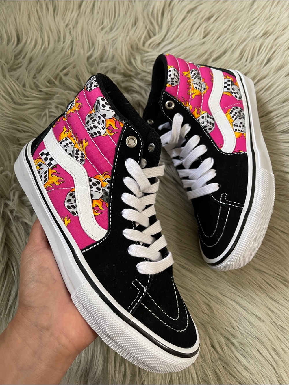 Vans Pink & Black High-Top Sneakers with Dice Flame Print